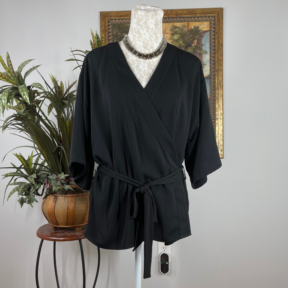 Treasure & Bond Wrap Top Women XS Black Polyester Kimono Tie Waist TB400772MI